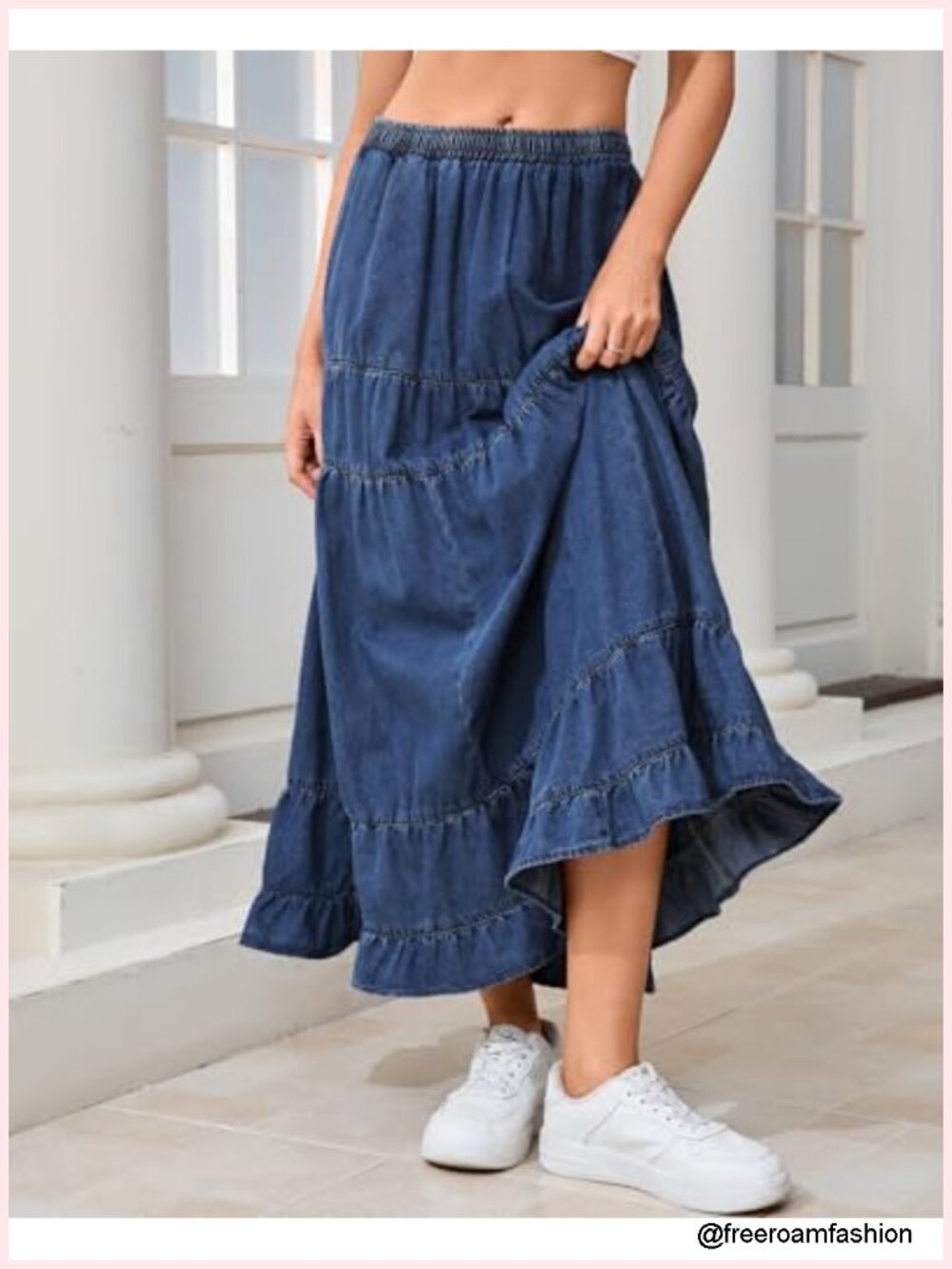 Women's Swing Chambray Maxi Skirt Pleated Tiered High Waist Denim Skirt - Picture 4 of 6